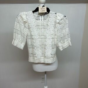 QED LONDON Ivory Floral Lace Puff-Sleeve Blouse size 8